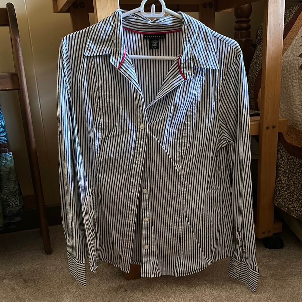 White and gray pinstripe ladies button down
